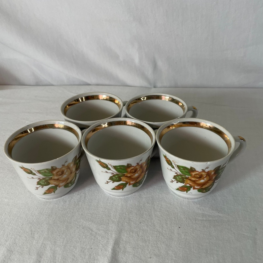 Vintage Floral‎ Tea Cups Set of 5 Gold Trimmed Small Coffee Cups